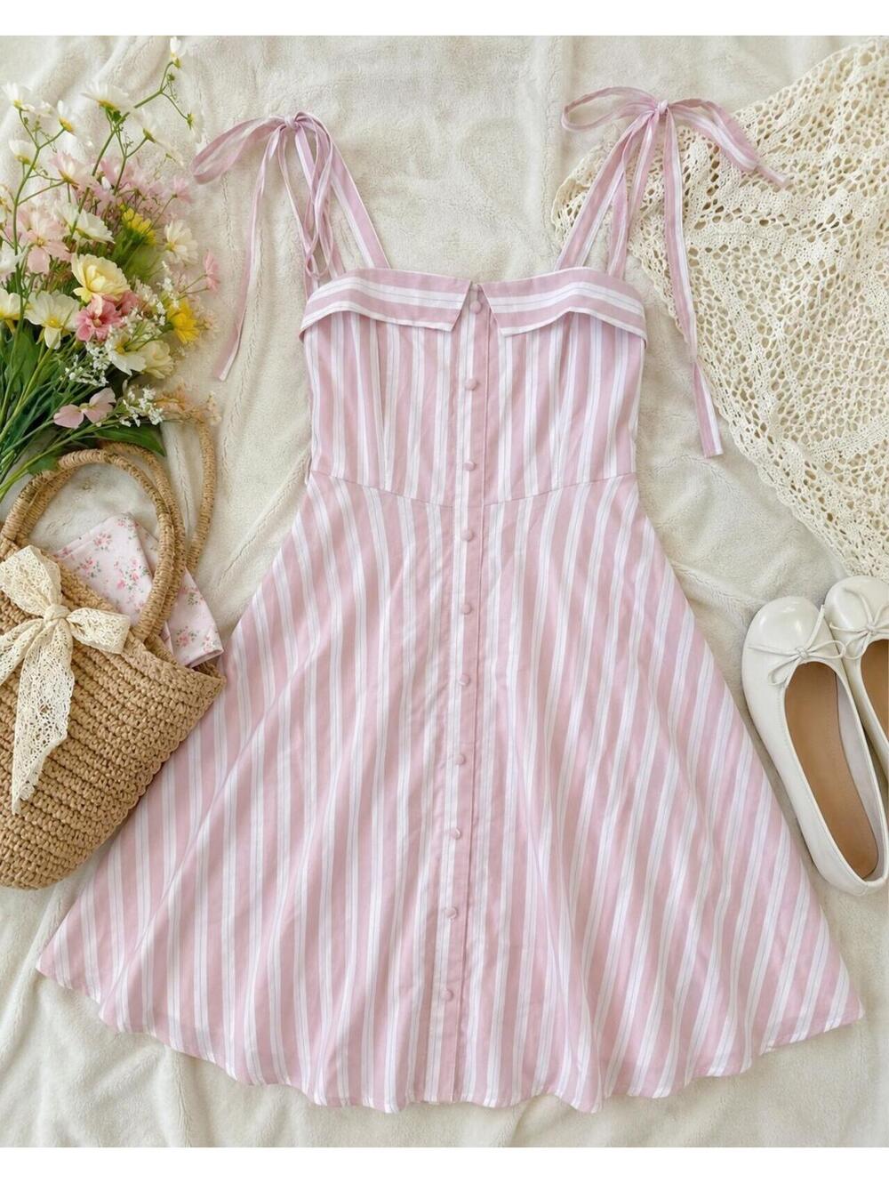 AMISU Pink White Stripe Tie Strap Sundress Women Cottagecore Wedding Guest Dress